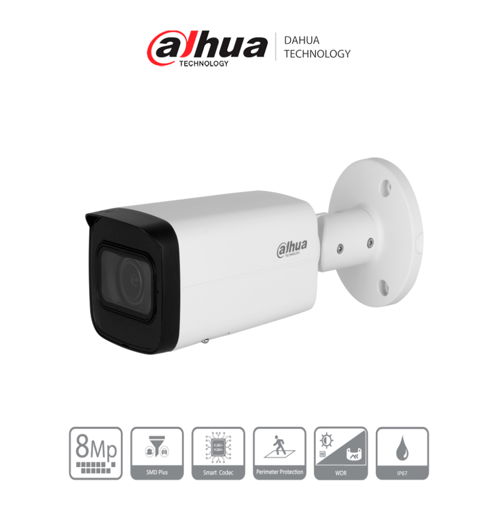 DAHUA DHT0030151 DAHUA DH-IPC-HFW2841T-ZS Cmara IP Bullet de 8 Megapxeles/ Motorizado/ IR de 60 Mts/ 113/ H.265/ SMD/ Pr