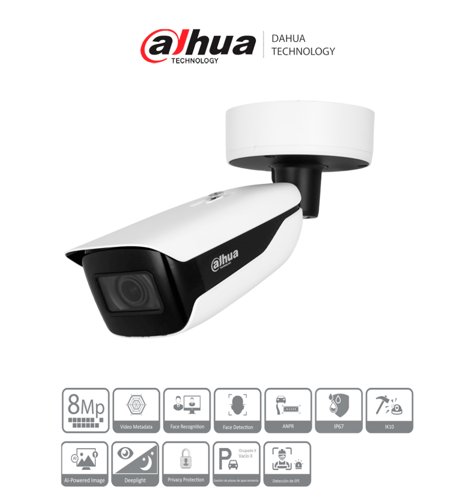 DAHUA DHT0030155 DAHUA IPC-HFW7842H-Z4-X Cmara IP WizMind tipo bala IR de 8 MP ePoE/ LED IR incorporado de 120 m/ Deep l