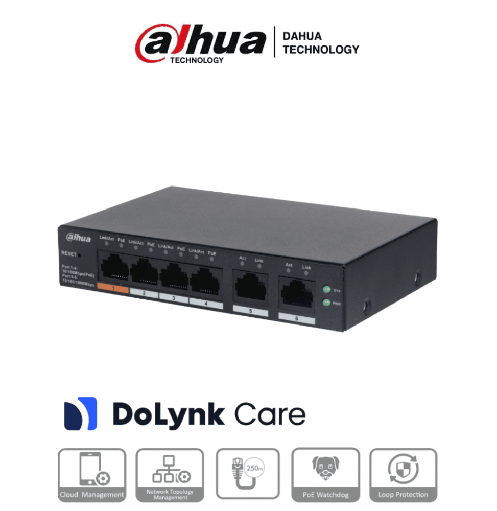 DAHUA DHT3720028 DAHUA CS4006-4ET-60 - Switch PoE de 6 Puertos Administrable/ 4 Puertos PoE 10/100/ 2 Puertos Uplink 10/